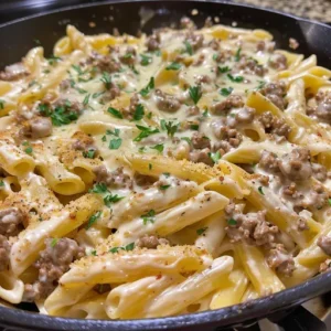 Creamy Ground Beef Alfredo Pasta