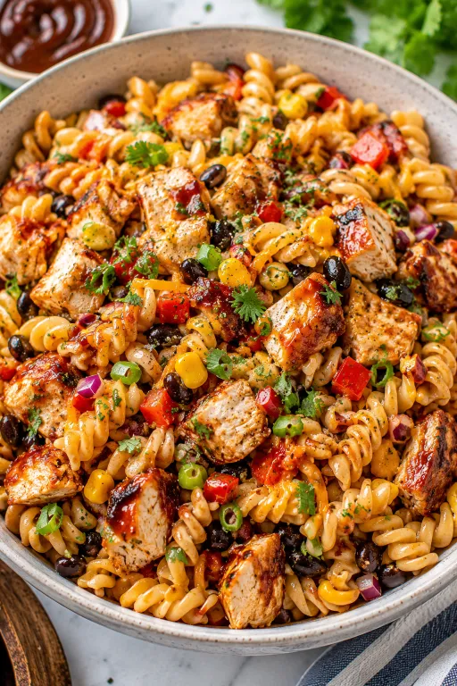 High Protein BBQ Chicken Pasta Salad