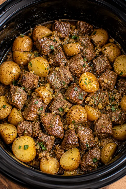 Slow Cooker Garlic Butter Beef Bites with Potatoes