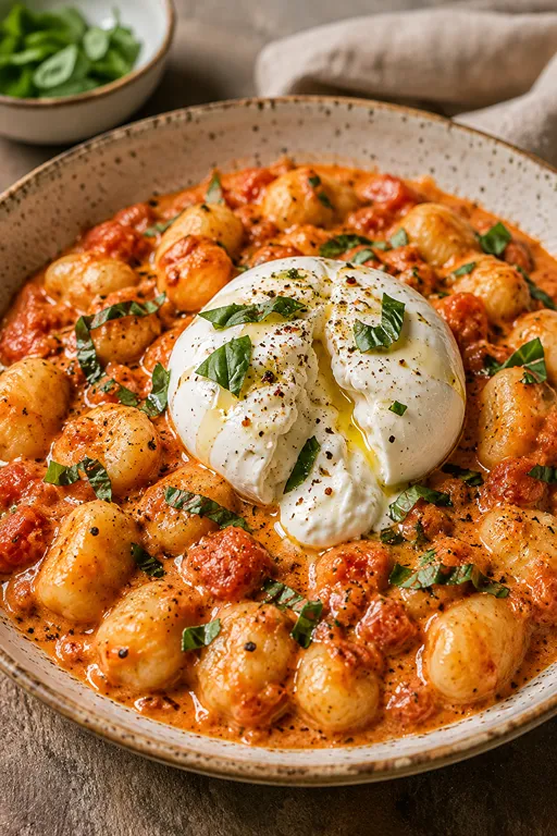 30 Minute Creamy Tomato Gnocchi with Burrata